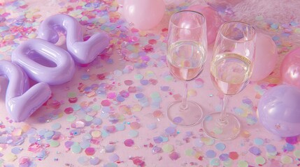 Pink Celebration Scene with Balloons Confetti and Champagne Glasses