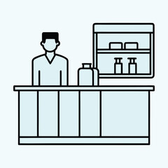 Stylized illustration of a pharmacist or shopkeeper standing behind a counter with shelves of products