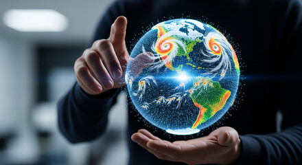 A person's hands carefully cup a glowing digital hologram of Earth, a powerful concept for globalization, environmental care, and global business strategy