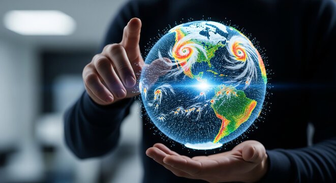 A person's hands carefully cup a glowing digital hologram of Earth, a powerful concept for globalization, environmental care, and global business strategy