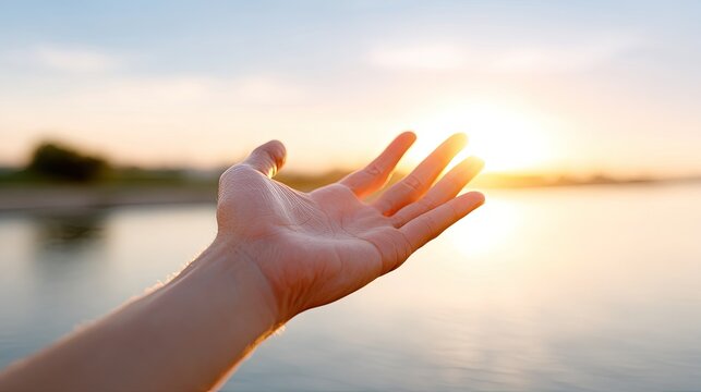 Open hand reaching towards the warm glow of a sunset over calm water, symbolizing hope, connection, and the beauty of nature at twilight.