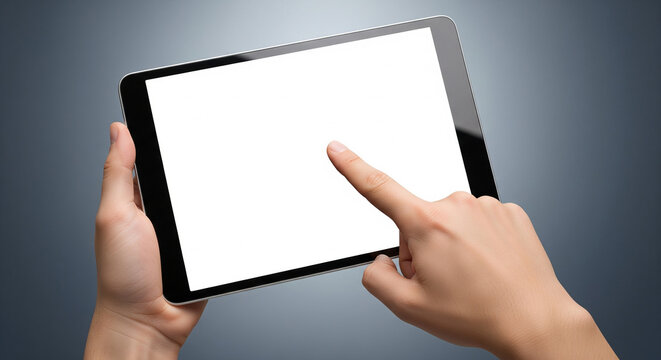 Hands holding a digital tablet with a blank white screen and a finger poised to touch, a perfect clean mockup for app presentations or user interfaces