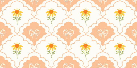 Coquette Floral trellis seamless pattern with bows and ribbons. Preppy spring summer hand drawn flowers. Botanical elegant trendy print. Vintage design for fabric, wallpaper, decor, background, paper