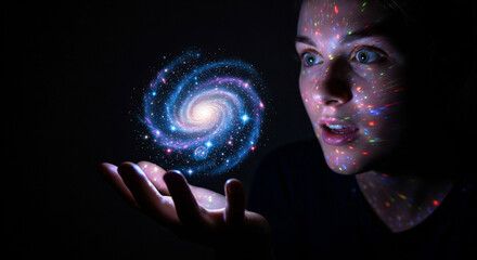 A woman looks in awe at a glowing spiral galaxy hologram in her hands, a concept for cosmic discovery, big data visualization, and exploring the universe