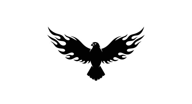 A striking black silhouette of a bird of prey with fiery wings outstretched against a white background.