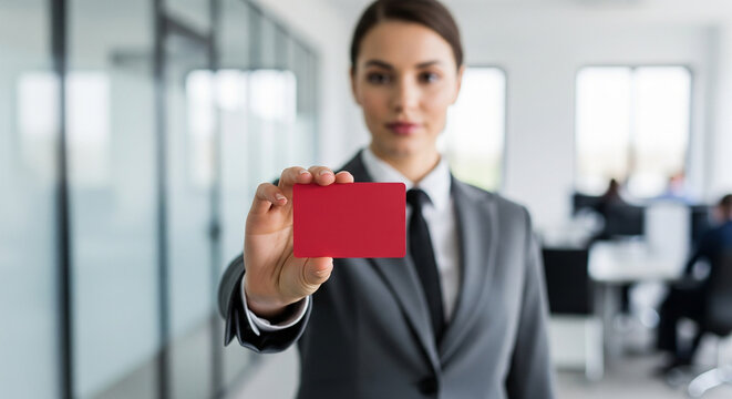 A confident businesswoman in a suit presents a red business card in a modern office, perfect for corporate introductions, networking, and brand identity