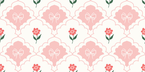 Coquette Floral trellis seamless pattern with bows and ribbons. Preppy spring summer hand drawn flowers. Botanical elegant trendy print. Vintage design for fabric, wallpaper, decor, background, paper