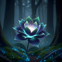 Glowing lotus flower in a misty forest with magical light and sparkles