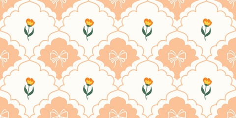 Coquette Floral trellis seamless pattern with bows and ribbons. Preppy spring summer hand drawn flowers. Botanical elegant trendy print. Vintage design for fabric, wallpaper, decor, background, paper