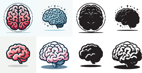 Vector set of images and simple silhouettes of the brain on a white background