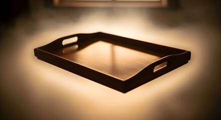 A wooden tray is presented with dramatic lighting and smoky atmosphere