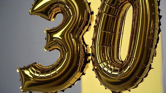 bright 4k stock footage golden inflatable number thirty balloons floating vivid yellow background perfect birthday anniversary celebratory marketing visuals
