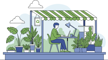 Man Working on Laptop in Eco-Friendly Outdoor Workspace with Plants and Striped Awning