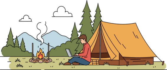 Man working remotely on laptop while camping outdoors with tent and campfire in nature