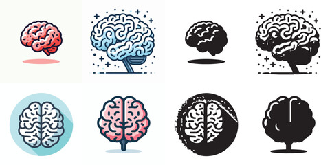 Vector set of images and simple silhouettes of the brain on a white background