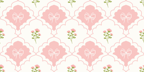Coquette Floral trellis seamless pattern with bows and ribbons. Preppy spring summer hand drawn flowers. Botanical elegant trendy print. Vintage design for fabric, wallpaper, decor, background, paper