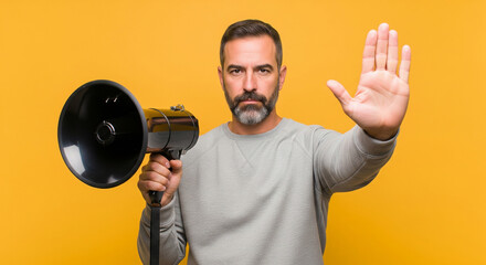 A serious man holds a megaphone and makes a stop gesture with his hand. This is a perfect concept for important announcements, warnings, or calling for a halt