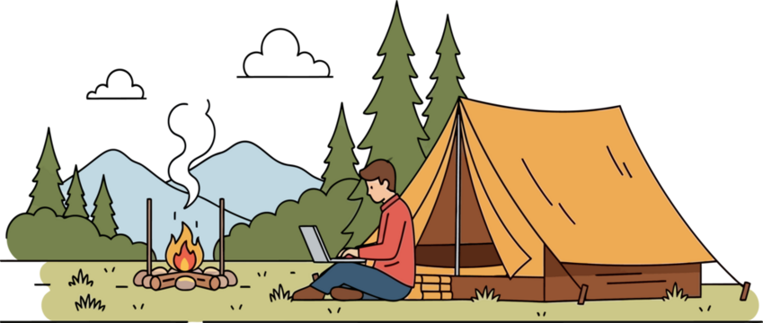Man working remotely on laptop while camping outdoors with tent and campfire in nature