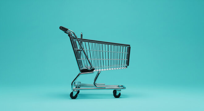 An empty metal shopping cart on a solid teal background. This minimalist image is perfect for e-commerce websites, retail concepts, and online shopping