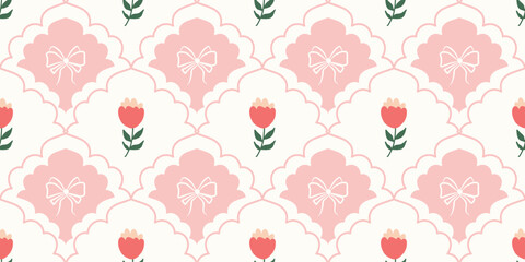 Coquette Floral trellis seamless pattern with bows and ribbons. Preppy spring summer hand drawn flowers. Botanical elegant trendy print. Vintage design for fabric, wallpaper, decor, background, paper