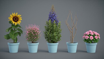 A collection of potted plants including sunflowers roses and various blooms