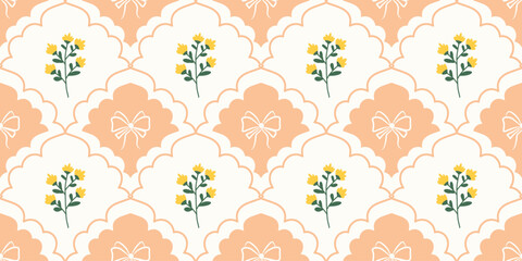 Coquette Floral trellis seamless pattern with bows and ribbons. Preppy spring summer hand drawn flowers. Botanical elegant trendy print. Vintage design for fabric, wallpaper, decor, background, paper