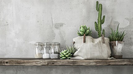 Potted Succulents and Cacti on Rustic Wooden Shelf with Concrete Wall Backdrop