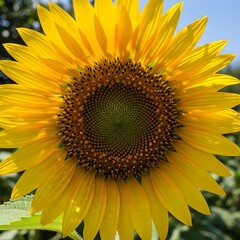 Vibrant closeup of a sunflower in full bloom against a clear blue sky