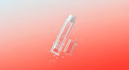 Clear cosmetic bottle with open cap isolated on white background with water drops