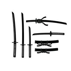 Elegant Black Silhouette Set of Traditional Japanese Samurai Swords - Katana, Wakizashi, and Tachi Designs with Tsuka and Saya Details - Authentic Martial Arts Weapon Vector Graphics