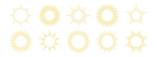 Fototapeta na wymiar Gold wavy sunburst frame set. Golden curly radial sun light border collection. Vintage royal sun beams or rays pack for cadre, decor, label, badge, emblem. Vector yellow retro round boarder bundle