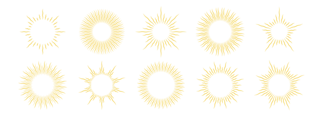 Fotobehang Sportwinkel Gold wavy sunburst frame set. Golden curly radial sun light border collection. Vintage royal sun beams or rays pack for cadre, decor, label, badge, emblem. Vector yellow retro round boarder bundle  © vika_k