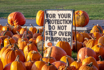 Warning sign at the pumpkin patch reminds people to be careful and safe