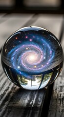 Crystal ball reflecting a galaxy on a wooden surface with a blurred view