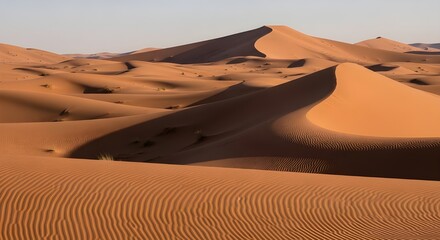 Sand dunes in the desert with ripples and shadows under a clear sky