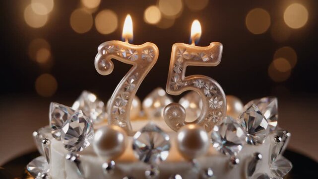 Celebratory 75th Birthday Cake with Sparkling Number Candles and Bokeh Background