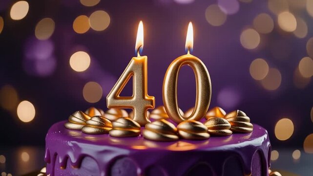 A captivating and luxurious purple birthday cake adorned with elegant golden '40' candles, set against a shimmering bokeh background, perfect for celebrating a milestone fortieth anniversary