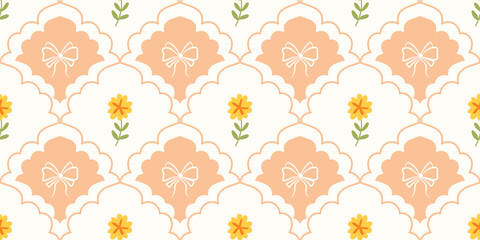 Coquette Floral trellis seamless pattern with bows and ribbons. Preppy spring summer hand drawn flowers. Botanical elegant trendy print. Vintage design for fabric, wallpaper, decor, background, paper
