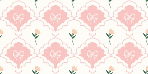 Coquette Floral trellis seamless pattern with bows and ribbons. Preppy spring summer hand drawn flowers. Botanical elegant trendy print. Vintage design for fabric, wallpaper, decor, background, paper