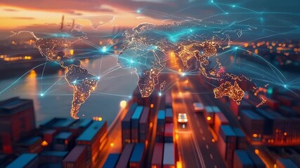 Digital visualization of a global supply chain network with interconnected trade routes over a logistics hub - Powered by Adobe