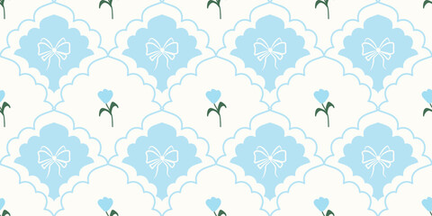 Coquette Floral trellis seamless pattern with bows and ribbons. Preppy spring summer hand drawn flowers. Botanical elegant trendy print. Vintage design for fabric, wallpaper, decor, background, paper