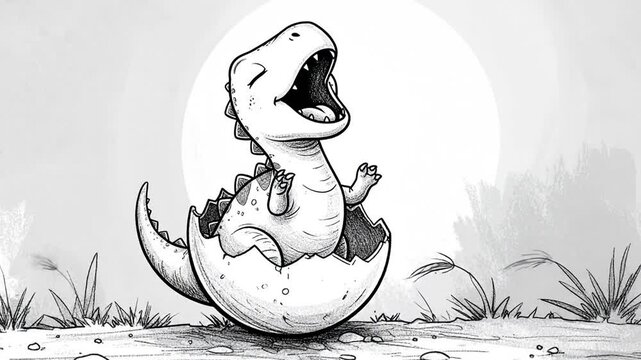 Charming black and white sketch of a newly hatched baby dinosaur emerging from its egg, depicting a moment of pure joy and discovery in a playful hand-drawn style
