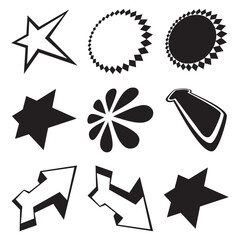 Collection of diverse black silhouette shapes and starburst design elements