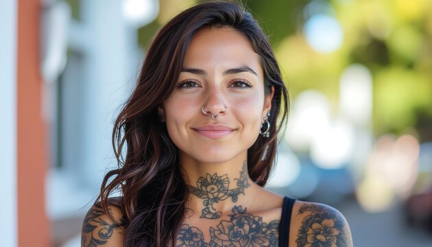 Portrait of a young woman smiling confidently, with floral neck and chest tattoos and a nose ring.