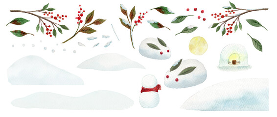 雪うさぎと南天の水彩画セットJapanese Winter Holiday New Year Set