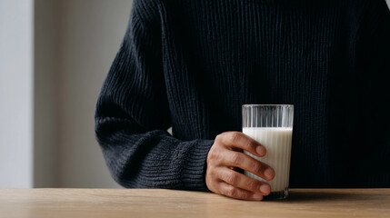 Hispanic Person Holding a Fresh Glass of Milk While Wearing a Dark Navy Ribbed Sweater, Generative AI