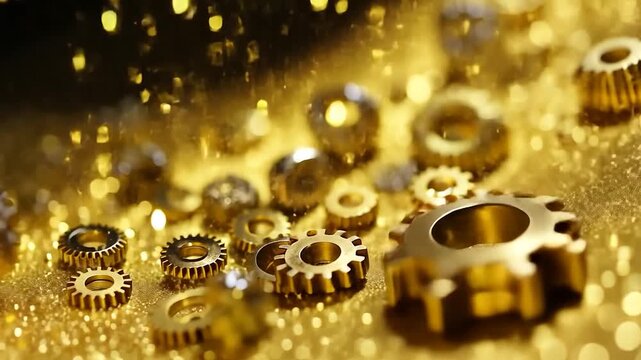 Golden gears on a glittering surface