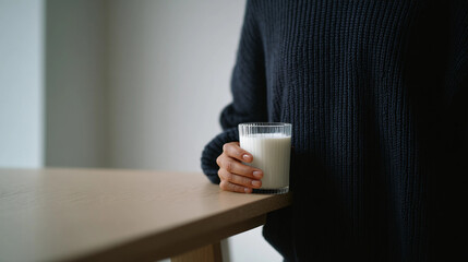Hispanic Person in Dark Navy Ribbed Sweater Holding a Glass of Milk on a Wooden Table, Generative AI