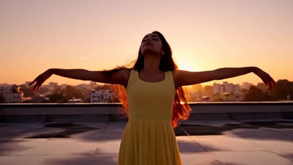 Young Woman Dancing Gracefully on Rooftop at Sunset
- Powered by Adobe