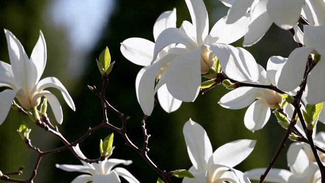 cinematic 4k close up white magnolia stellata blossoms full bloom emitting sweet fragrance under spring sunlight capturing elegance purity floral grace